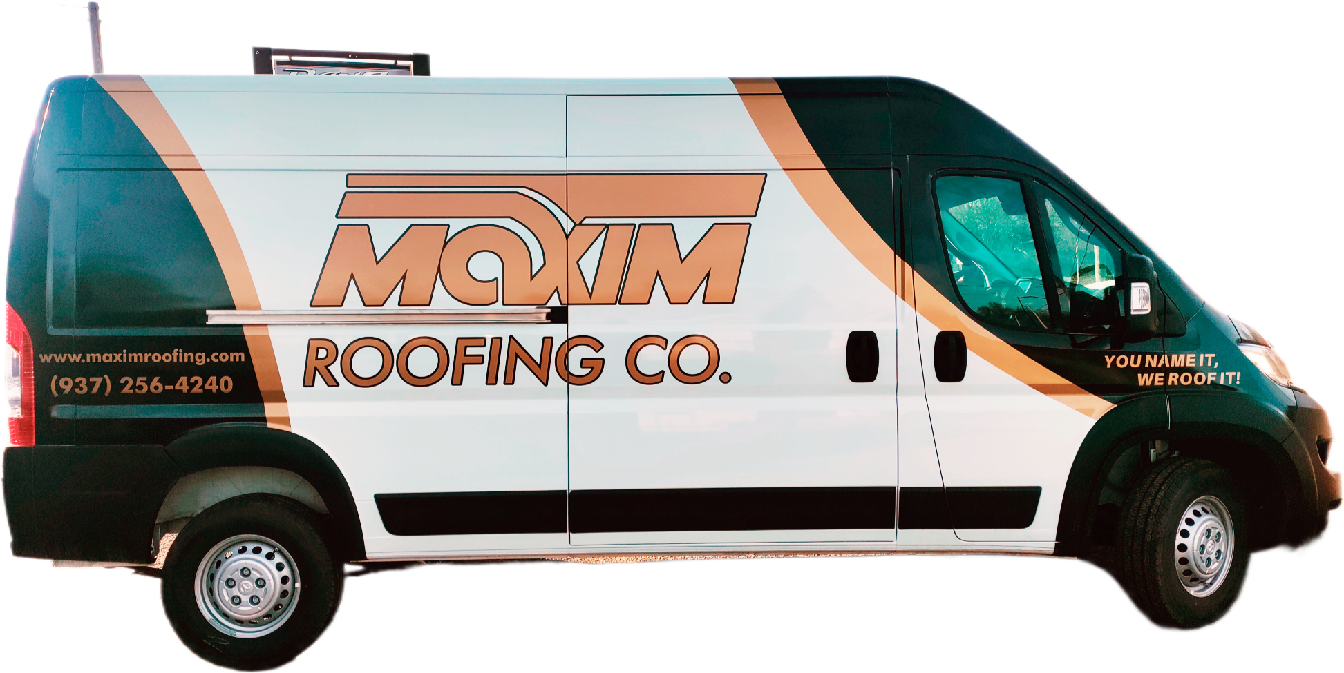 Maxim Roofing van with black, tan and white wrap graphics