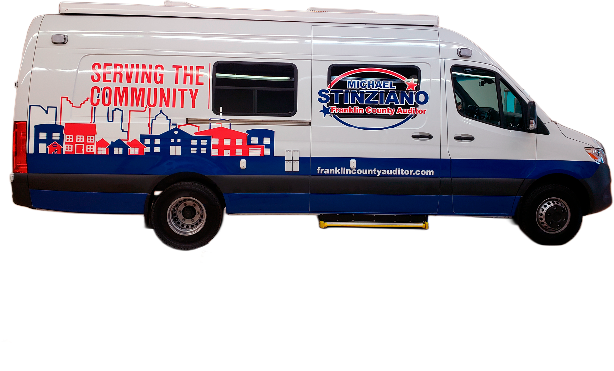 County service van with large red, white and blue graphics