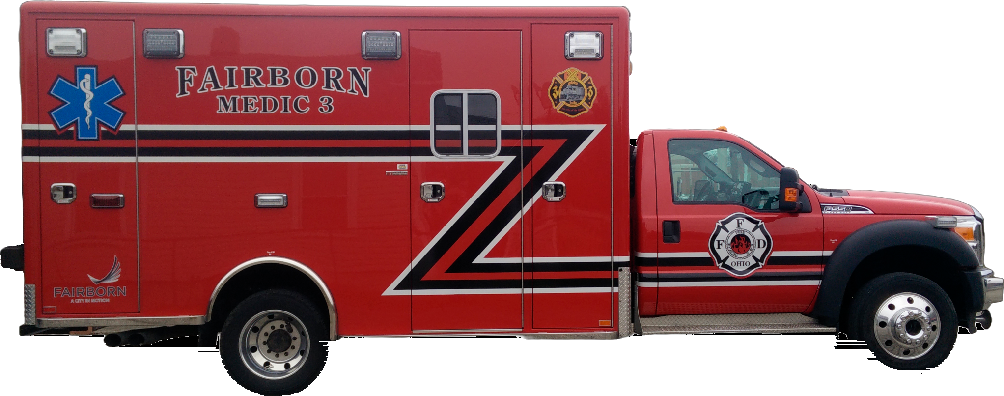 Fairborn Medic 3 fire department ambulance with red graphics