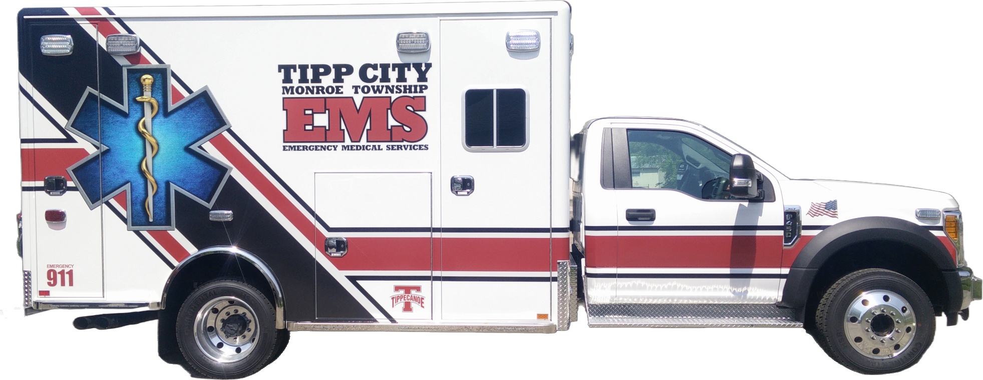 Tipp City Monroe Township EMS ambulance with red, white and blue graphics