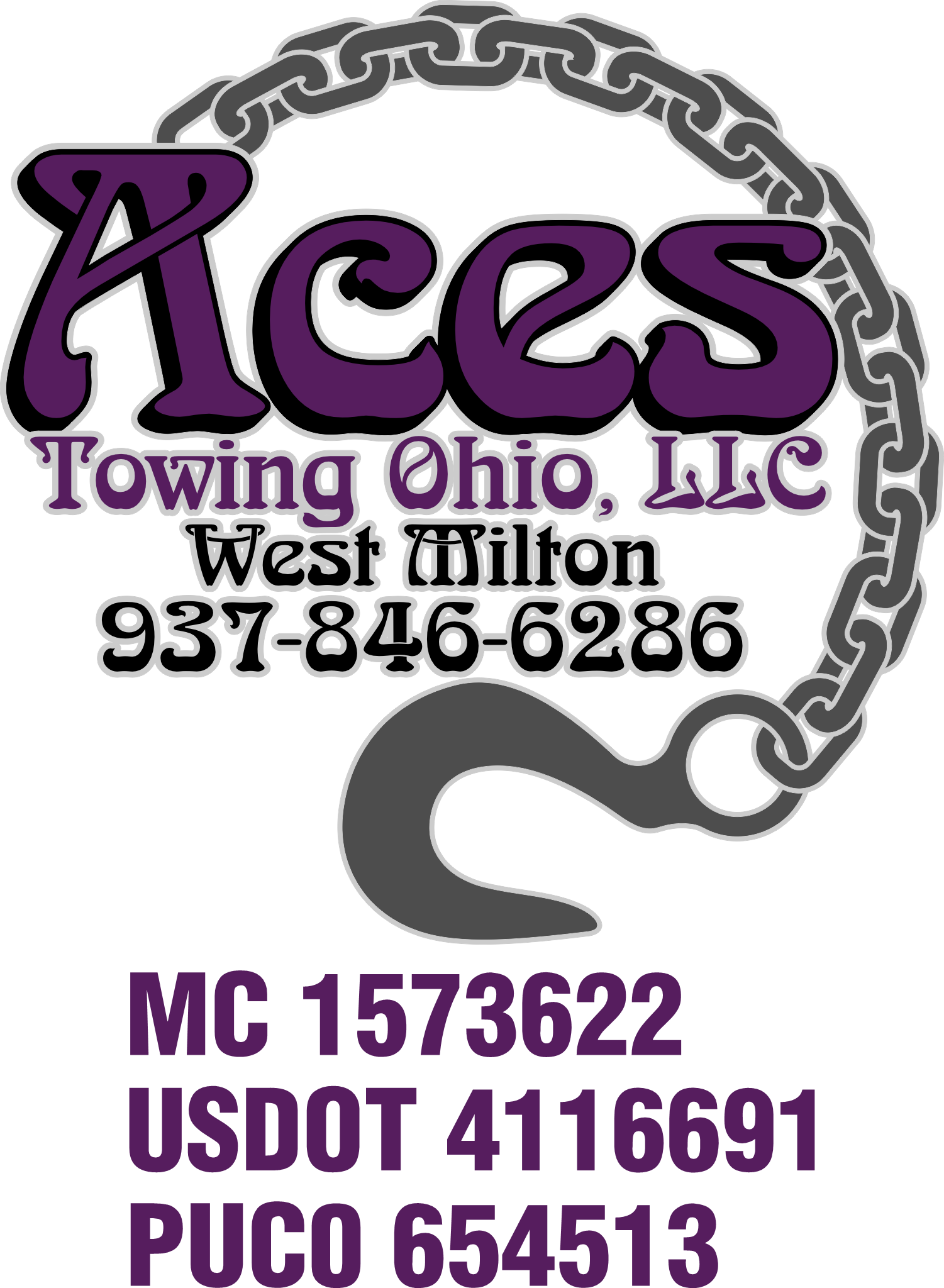 Aces Towing logo decal with chain and hook graphic