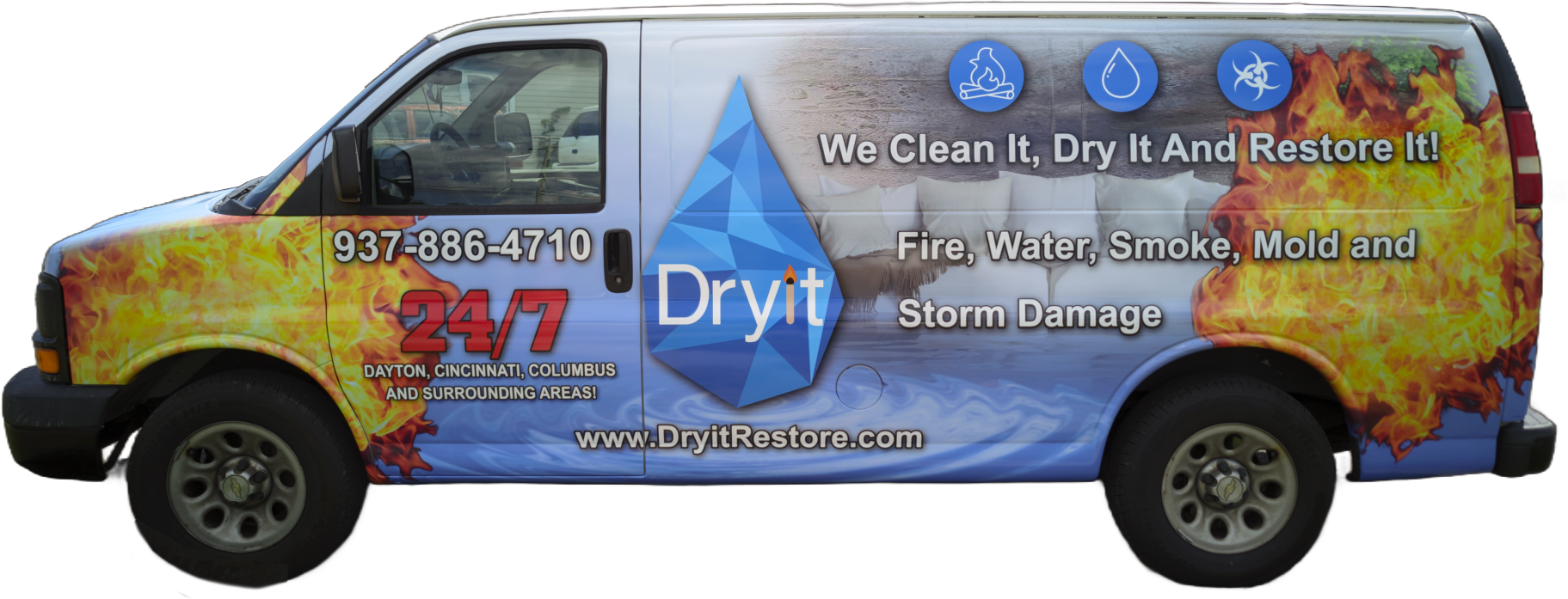 Dryit restoration van with fire and water wrap graphics