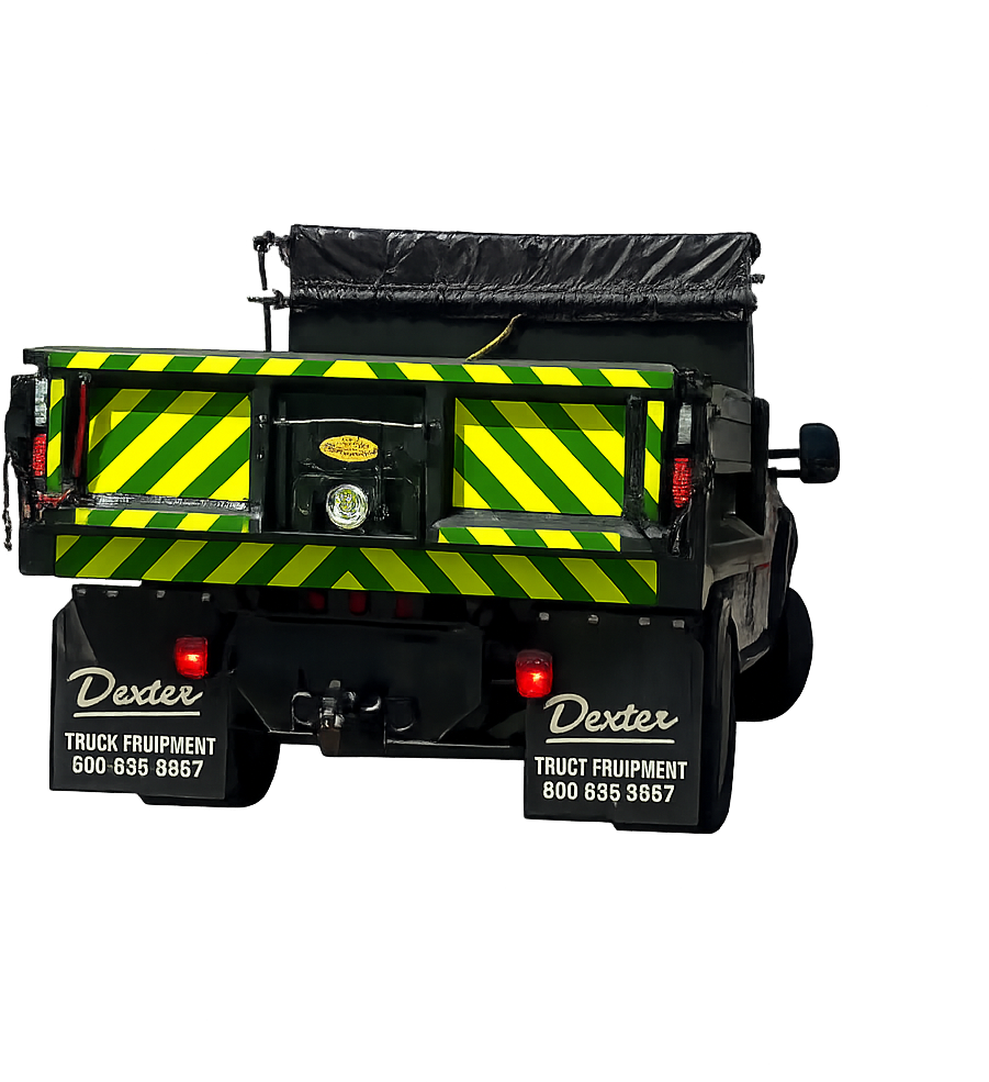 Rear service truck with green and yellow safety chevrons